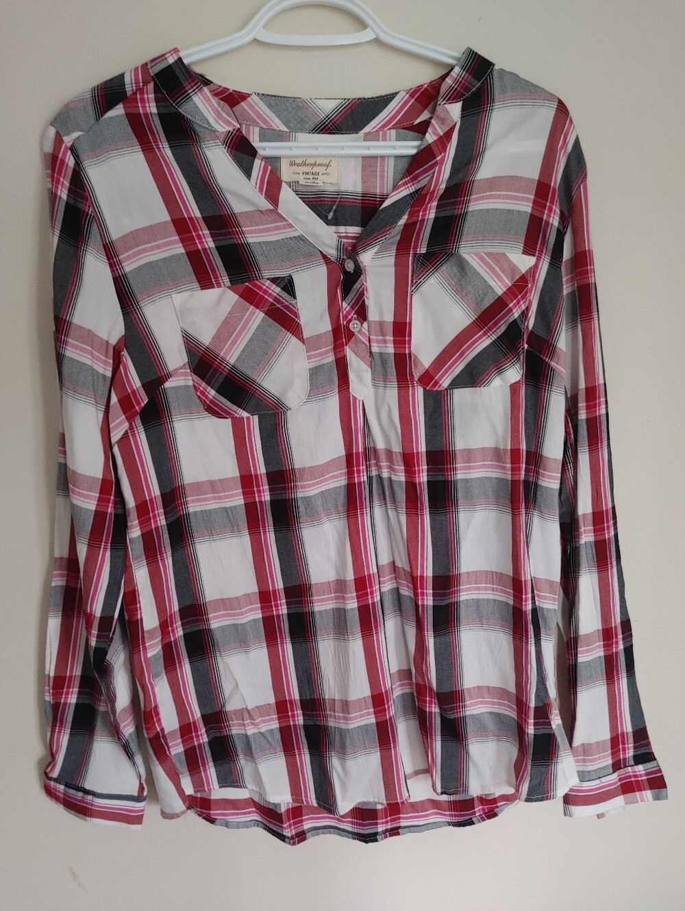 Weatherproof Plaid Button-Up Shirt in Red, Black & White